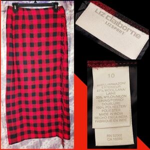 Liz Claiborne brand Red & Blk Checkered Woven Flannel Wrap Skirt w/Tassles Sz 10